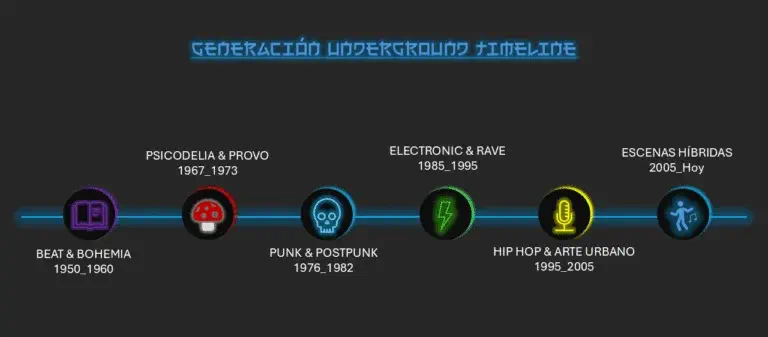 imagen con una linea de tiempo representando las diferentes eras del underground europeo desde los años 60 a la actualidad